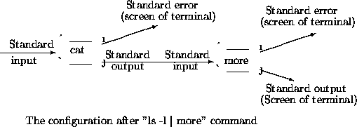 \begin{picture}
(300,120)
\put(15,70){Standard}
\put(17,55){input}
\put(101,60){...
 ...(30,1){The configuration after ''ls -l $\mid$\space more'' command}\end{picture}